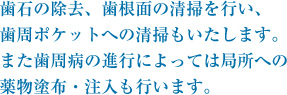 歯石の除去、歯根面の清掃を行い、歯周ポケットへの清掃もいたします。 また歯周病の進行によっては局所への薬物塗布・注入も行います。